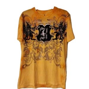 KONQUEST PLATINUM Men’s double dragon Print Embellished Gold TieDye Tee Sz MED